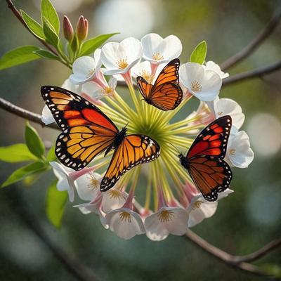 The primary subject of the image is a group of butterflies gathered around a flower. The setting is a natural environment, with the butterflies and the flower being the main focus of the scene. The visual style is a close-up of the butterflies and the flower, creating a sense of depth and detail. The colors and mood of the image are vibrant and lively, with the butterflies and the flower being the main sources of color and life in the scene.